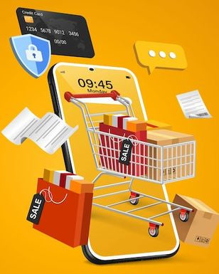 Illustration of a shopping cart with online shopping elements on an orange background