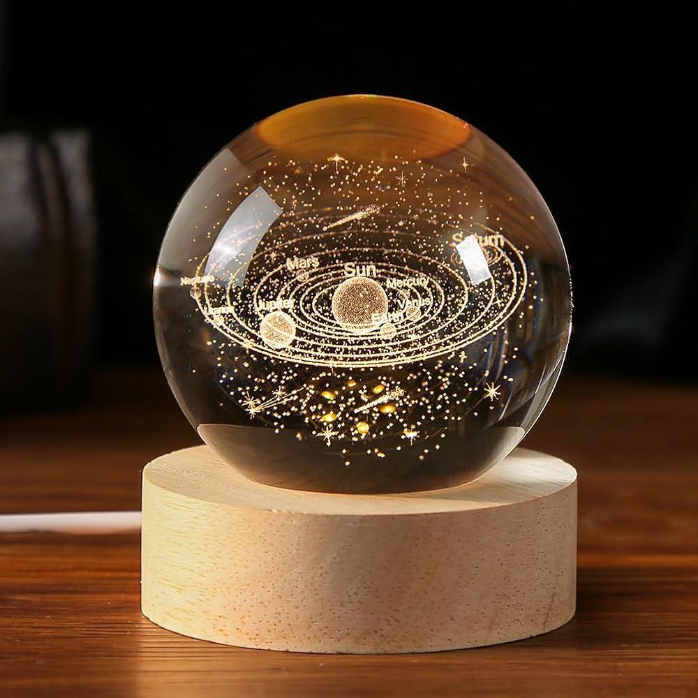 3D Crystal Galaxy Ball Night Lamp with Wooden Base (6cm) - Solar System - Moon - Earth - Heart Cloud - Crescent -Moon Walk