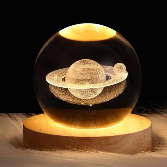 3D Crystal Galaxy Ball Night Lamp with Wooden Base (6cm) - Solar System - Moon - Earth - Heart Cloud - Crescent -Moon Walk
